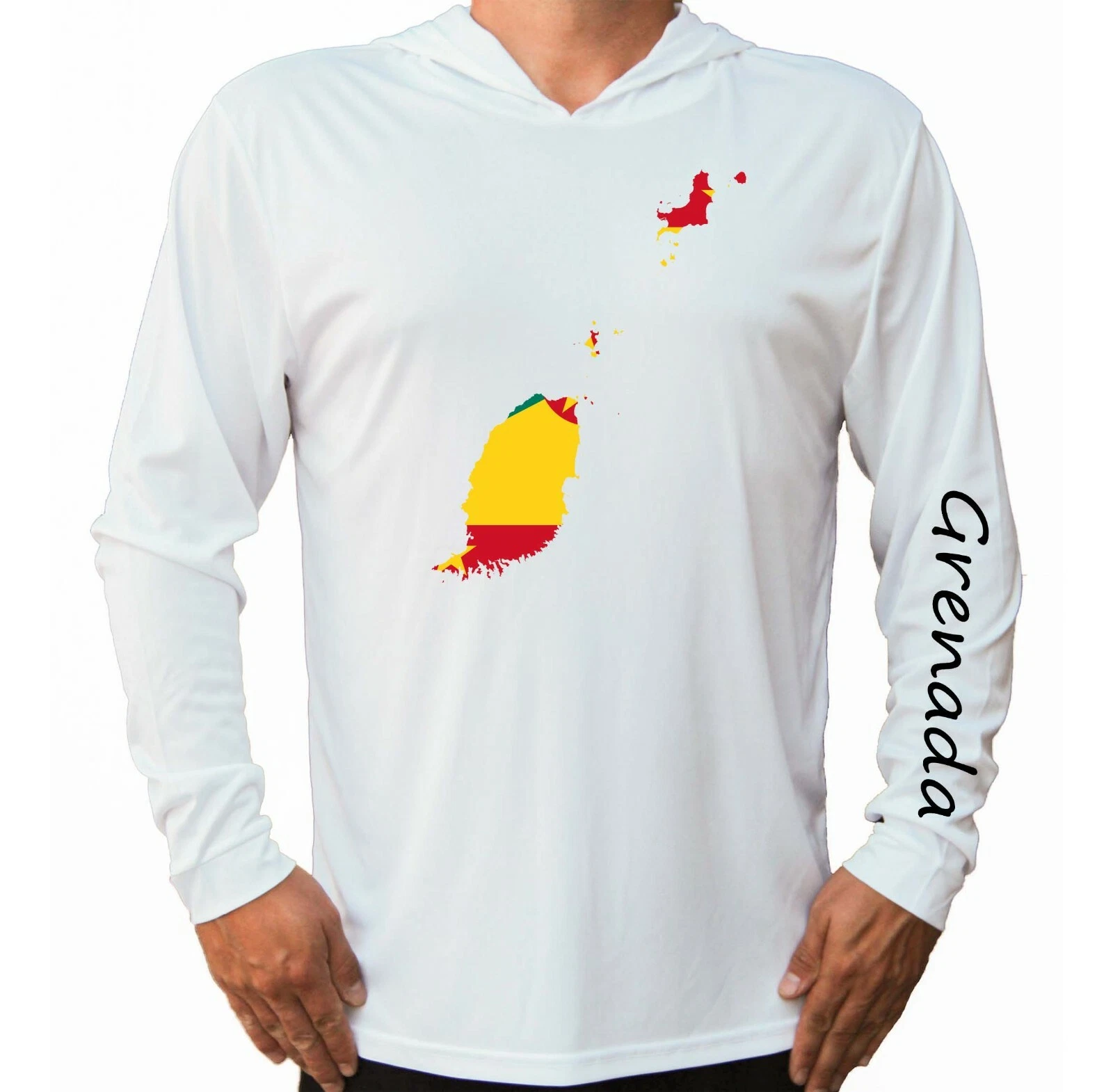 Grenada Flag Map Sport UV Protected UPF 50 Long Sleeve T-Shirt Hood Fishing