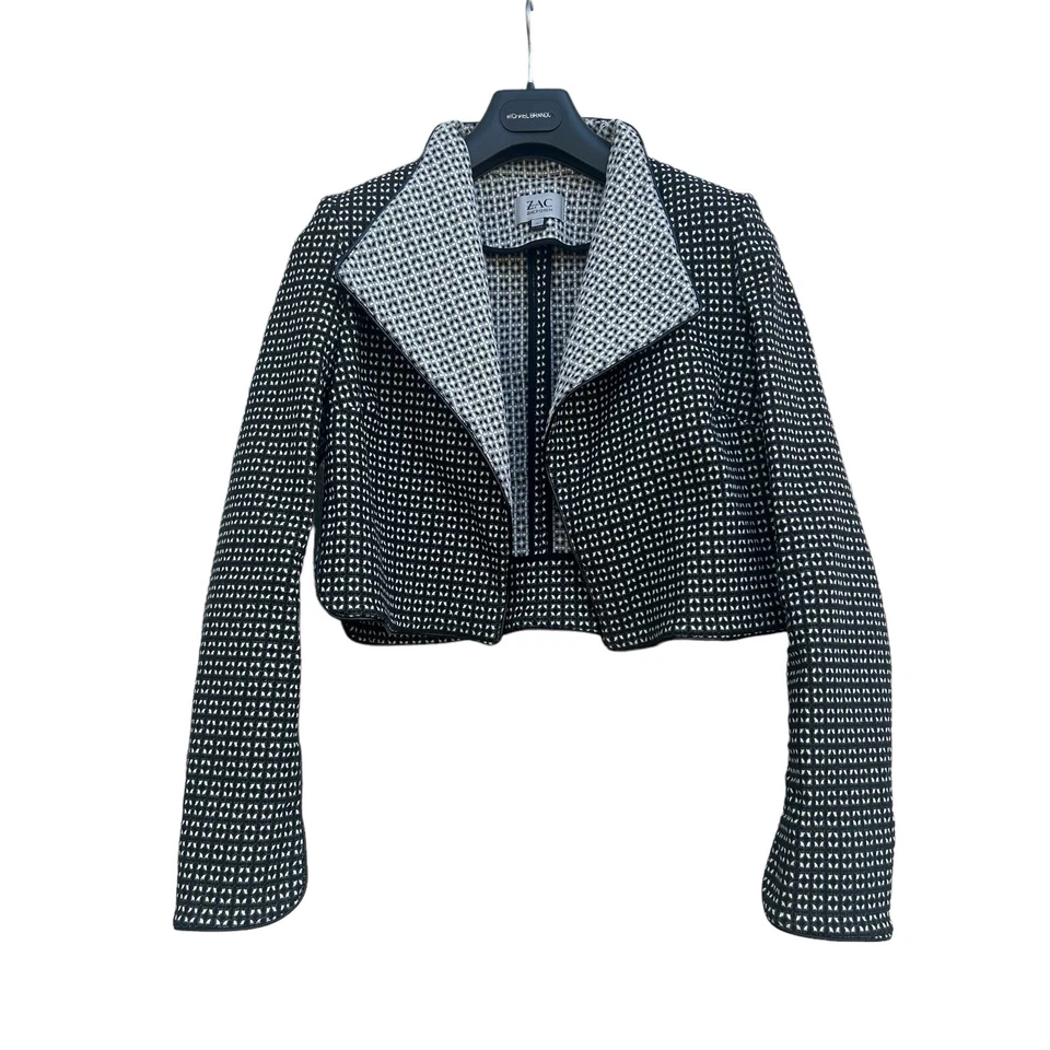 Chaqueta Zac Posen Talla 10 Bolero Recortado Negro/Blanco Cuero Borde Academia Preppy Foto 2 de 4