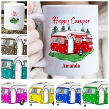 Personalised Name Caravan Happy Camper Gift Mug - Choose Colour