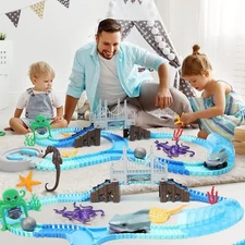 VATOS Track Toys 183 PCS Shark Race Car Toys, Ocean Theme Train Toys Gifts