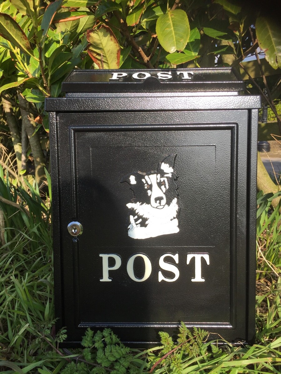 Black Steel Post box, Mailbox Border Collie Logo Garden, Driveway