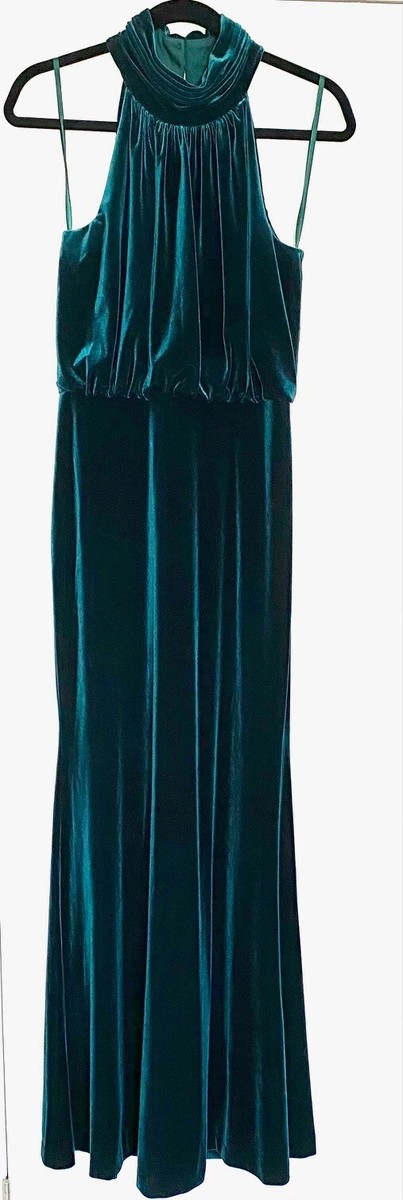 ELIZA J Hunter Green Velvet Velour Pleated Mock-Neck Halter