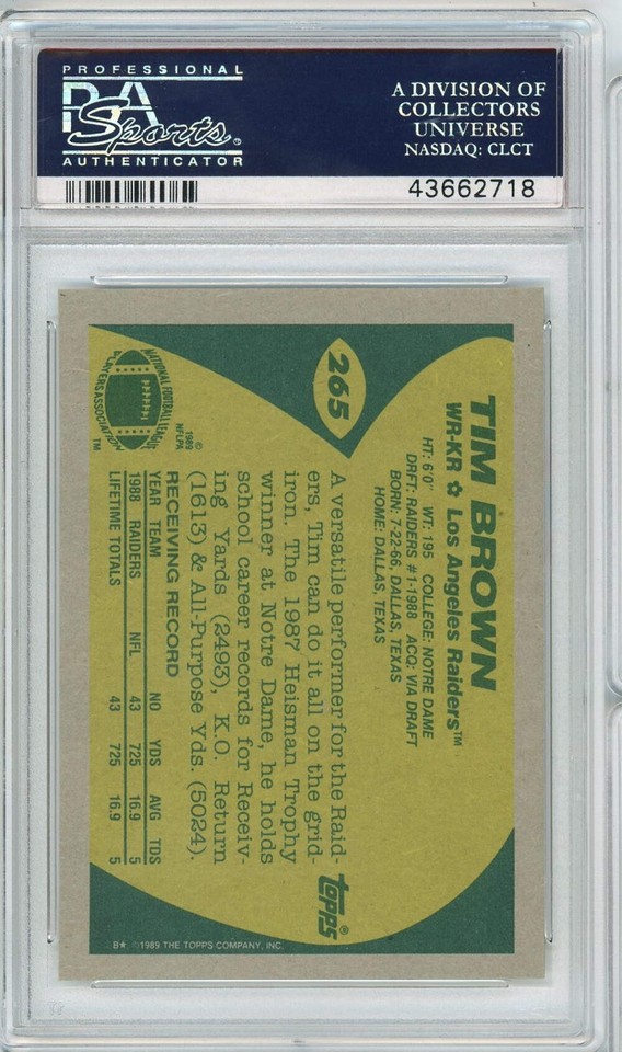 Graded 1989 Topps Tim Brown #265 Rookie RC Football Card PSA 10 Gem ...