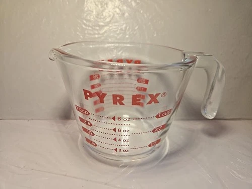 Vintage Pyrex 1 Cup Glass Measuring Cup Red Lettering Open Handle