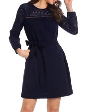 Gap Tie Waist Dress Women's Navy Modest Cotton Eyelet Long Sleeve Pullover  XS