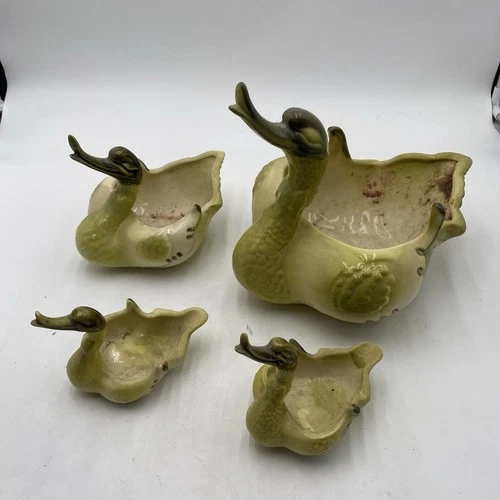 Set Of 4 Hull Large Swan Planter #69 Green 10" Length Down USA  VGC SEE PICS