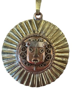 Vintage Casa Maya Mexico Aztec Copper Brass Tlaltecuhtli Pendant Necklace Stone