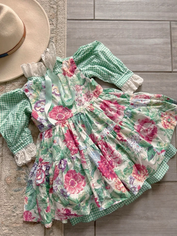 Vestido Vintage Niño Pequeño Guinga Estilo Victoriano Tejas Verdes 2T Columpio  Foto 4 de 4
