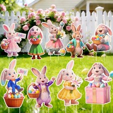 Easter Bunny Yard Signs 9-Pack, 15 Inch Realistic Bunny Decorations with Colorf
