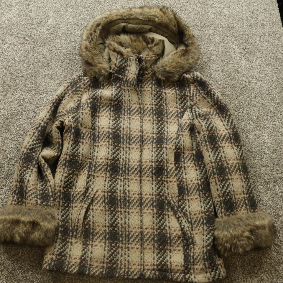 Chaqueta Woolrich para mujer pequeña marrón a cuadros ribete de piel sintética abrigo de invierno con capucha cálido Foto 2 de 4