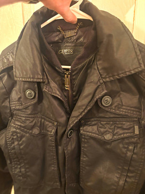 GUESS Men's Black  Jacket Point Collar Full Zip Button Pockets S