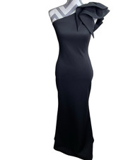 Betsy and Adam Gown Shoulder Dress Women Sz 4 Black Scuba Crepe One Ruffle Bow