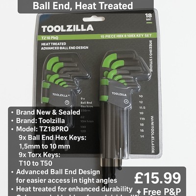 Toolzilla TZ18PRO 18-teiliges Sechskant-Inbus- & Torxschlüssel-Set | Kugelkopf metrisch | Heimwerkerwerkzeuge