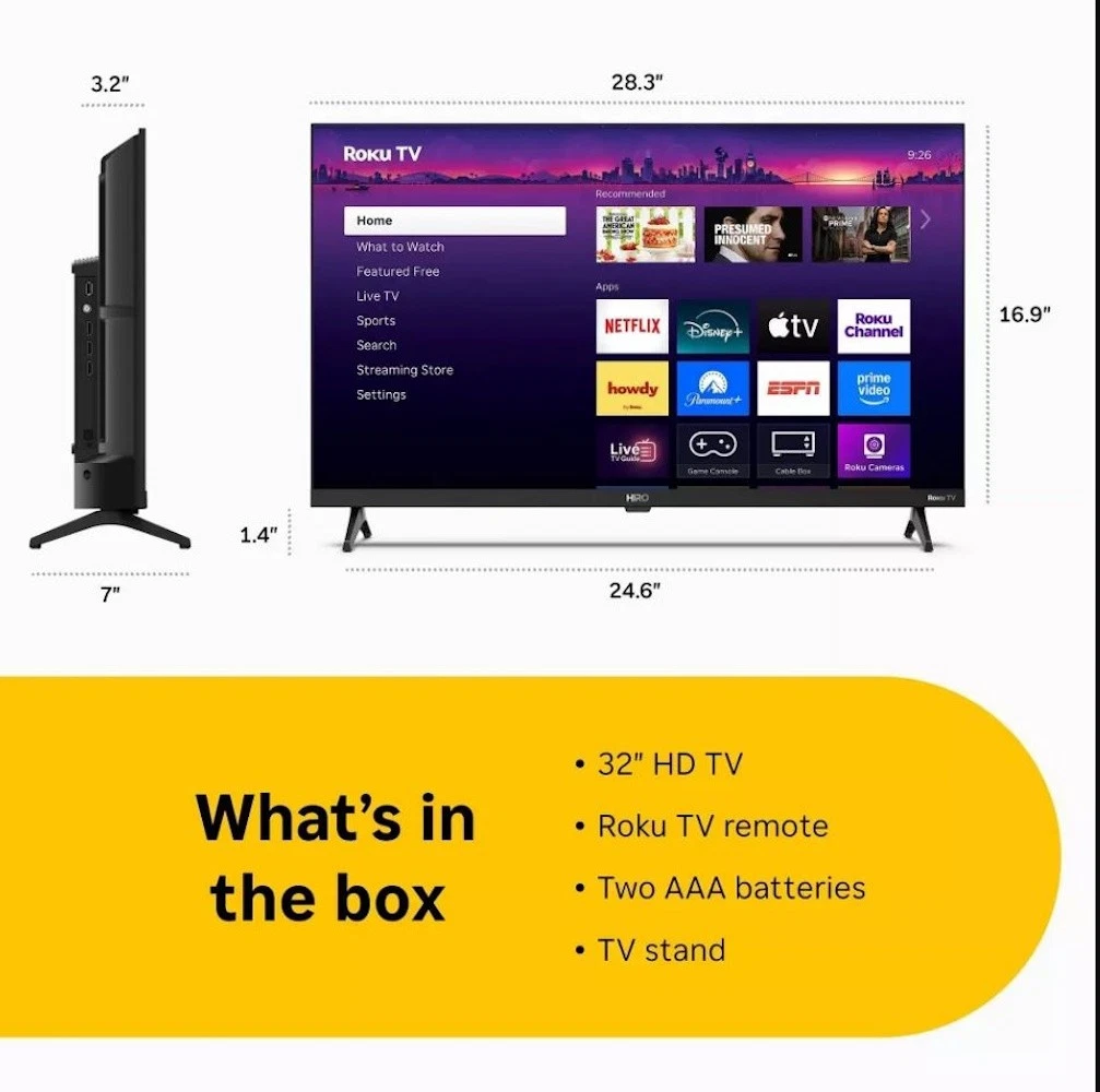 Hiro 32" 720p HD Smart TV Flat Screen LED Television with Roku TV and Dolby Audi