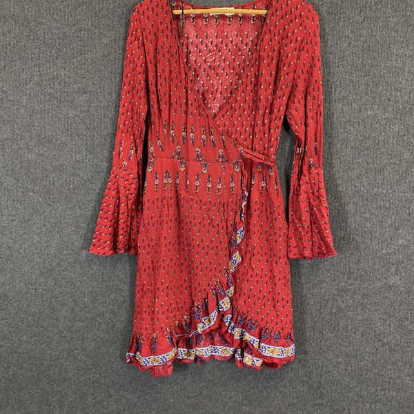 Delilah Dress Womens 12 Red Blue Floral Wrap Coastal Flowers Mini Boho Ladies
