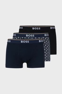 Boss 3er Pack Trunks Stretch-Baumwolle - Schwarz / Blau Design Print