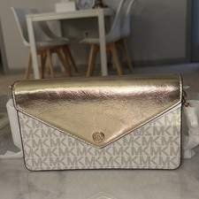 Michael Kors Jet Set Travel Logo Clutch Wallet Crossbody Gold Beige Folding