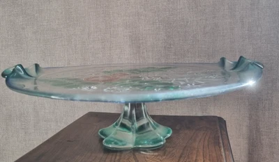 Plateau à Gâteau en Verre Vert – Motif Fleurs Multicolore – 34 cm – Vintage - Photo 1/4