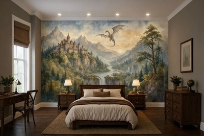 Mythical Dragon Wall Mural | Removable Storybook Castle Wallpaper