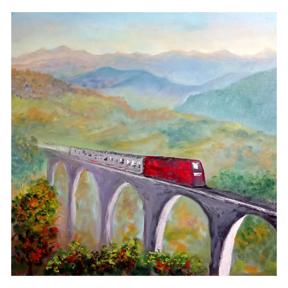 Zug Brücke Berge Ölbild 60x60 cm Landschaft Original Gemälde auf Leinwand - Bild 3 von 4
