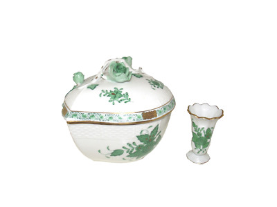 Herend Ungarn große Herzdose + kleine Vase (6 cm) apponyi grün 12,5 x 11,7 cm