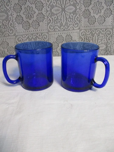 Set of 2 Vintage Arcoroc France Cobalt Translucent Blue Glass Coffee Cups Mugs