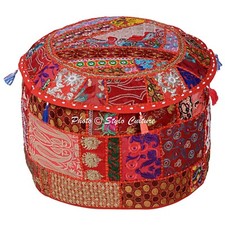 Indian Round Outdoor Pouffe Ottoman Patchwork Embroidered Pouf Cover Cotton 18"