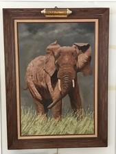 Signed Circa 1970’s Framed Oil Painting African Elephant W/ Lamp