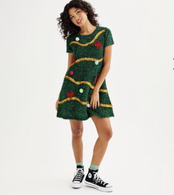 Celebrate Together Junior Dress Size S Green Sparkle Bows PomPom Knit Christmas