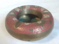 Vintage Brass Ashtray Hand Painted Etched Ornate Floral 4 inch Diameter READ