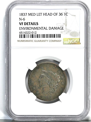 1837 Large Cent Plain Cords MED LETTERS HEAD OF 36 NGC VF Details Coin 37159