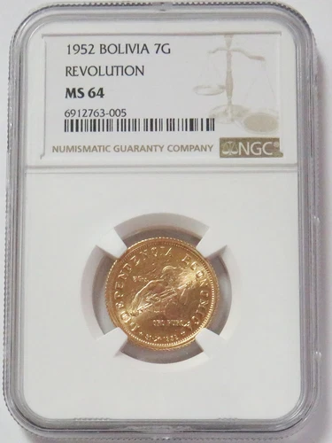 1952 GOLD BOLIVIA 7 GRAMOS (10 BOLIVIANOS) REVOLUTION COIN NGC MINT STATE 64