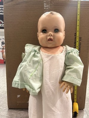 Vintage Old AMER CHAR DOLL Baby 1950s Jointed 20  Squeaks Green Eyes Needs Bath