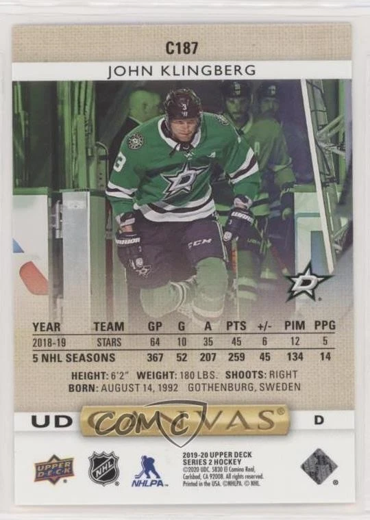 2019-20 Upper Deck UD Canvas John Klingberg #C187 - Image 2 of 2