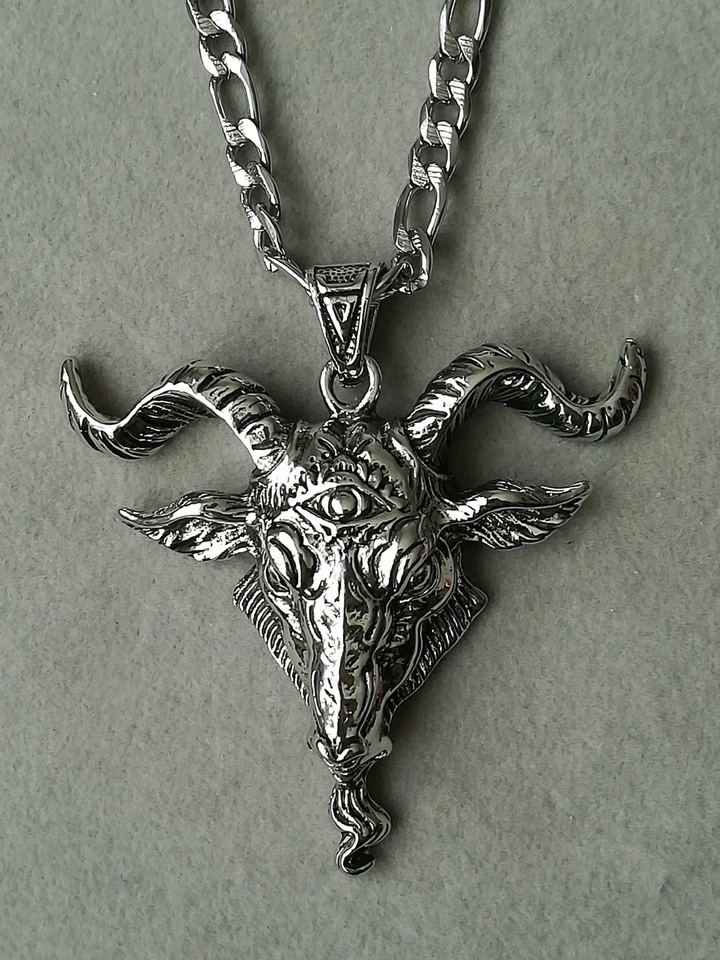 Baphomet Anhänger Mit Halskette Silber Pentagramm Ziege Ziegenkopf Hörner Satan - Bild 2 von 4