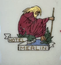 VINTAGE HOTEL MERLIN RESTAURANT CHINA DEMI CUP & SAUCER WIZARD GRAPHICS SWISS