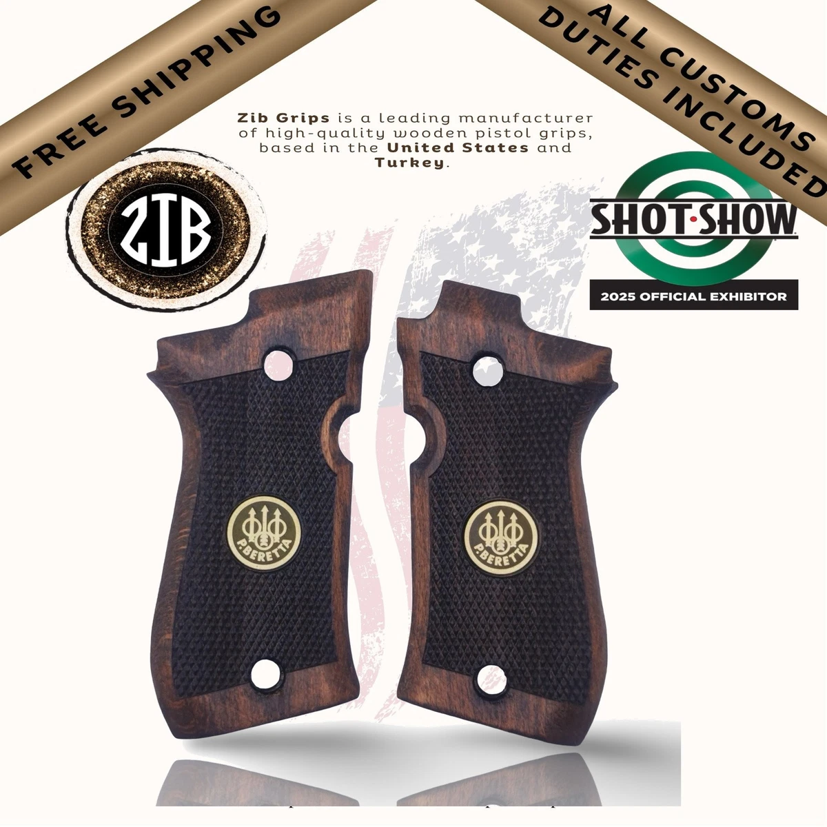 Crosse ZIB Grips Pour Beretta 92/96 - Bois De Hêtre Avec Logo Doré - Lot De 2