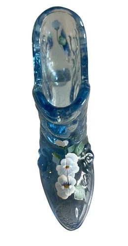 Fenton 95th Anniversary Hand Painted Blue Flower Slipper Shoe Signed L. Bell