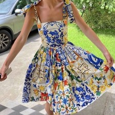 NWOT $1750 Dolce & Gabbana Majolica Floral Printed Poplin Cotton Mini Dress IT40