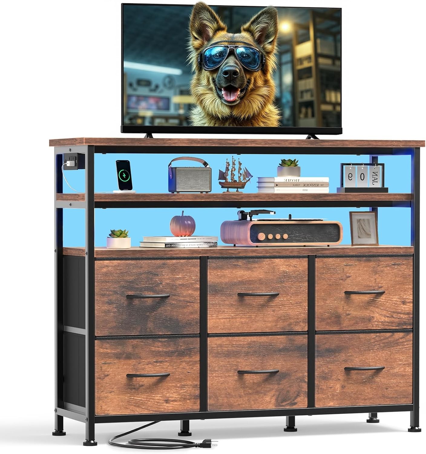 With 6 Fabric Drawers&led Lights&charging Station