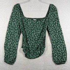 Reformation Green Floral Smocked Long Sleeve Square Neck Top Size 2 Made in USA