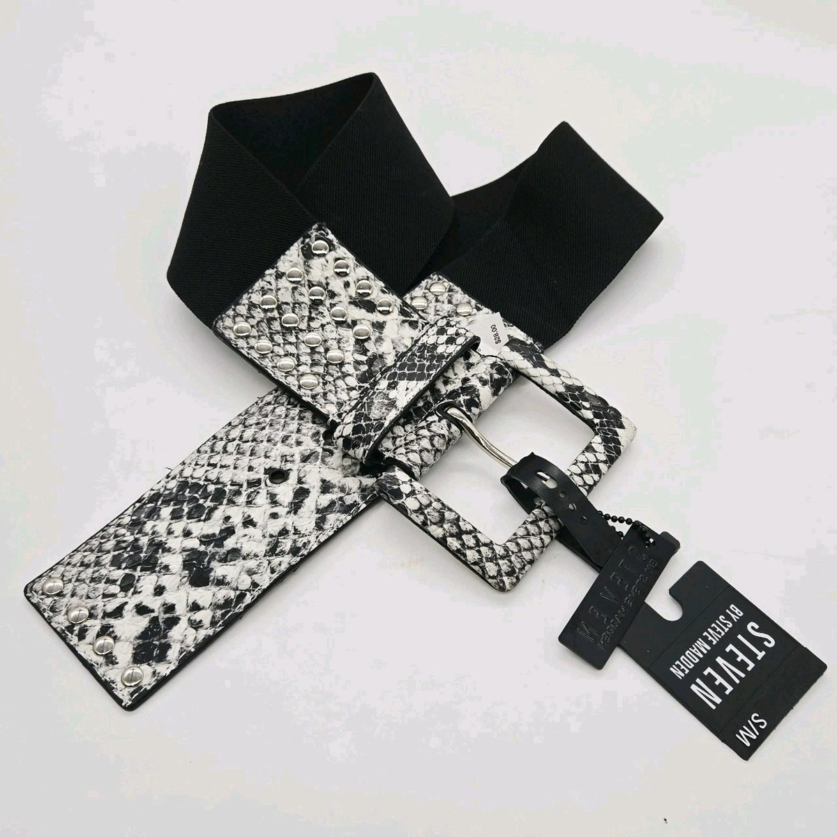 Steve Madde Stretch Belt Black White Snake Print Studded 