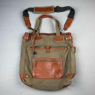 Will Leather Goods Canvas & Leather Tote Bag Khaki Brown Plaid Lining 15x14x3 OR
