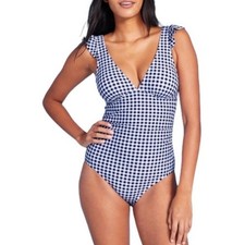 Kona Sol Womens Large Gingham Ruffle High Coverage V Neck One Piece Swimsuit