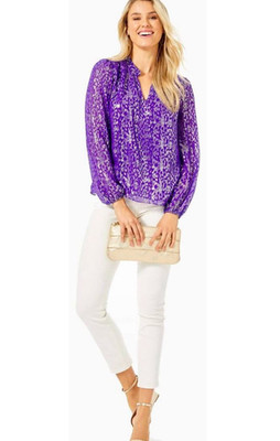 Lilly Pulitzer Giana Silk Lined Balloon Sleeve Blouse Purple Gold Metallic XS