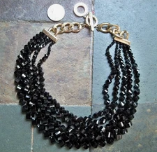 STUNNING BEAUTIFUL 5 strand glass black gold toggle necklace geometric frnch jet
