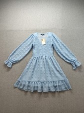 Btfbm Women Mini Dress S Light Blue V Neck Long Sleeve Fit & Flare Ruffle Summer
