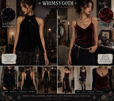 EUC VTG 2 Velvet Tank Tops Whimsygoth Fairy Goth Y2K Black Halter & Burgundy L