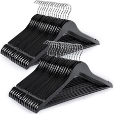 Black Wooden Coat Hangers 30 Pack with Non-Slip Bar and 360° Hook