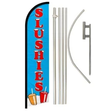 Slushies Blue Advertising Windless Banner Flag & Flag Pole Kit & Ground Spike